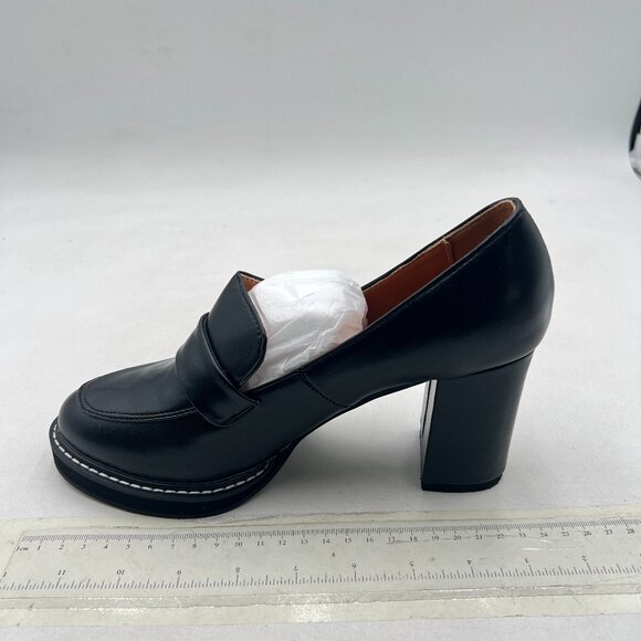 YDN Black Penny Loafers Round Closed Toe Platform Chunky High Heel Slip On Pumps - Picture 2 of 8
